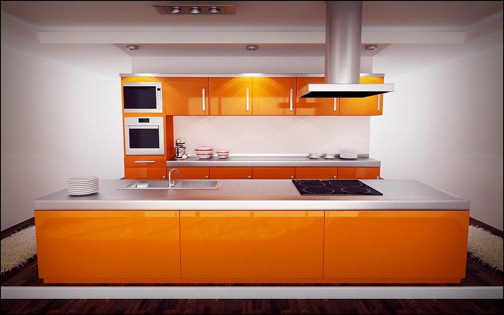 Оранжевая кухня с темной столешницей